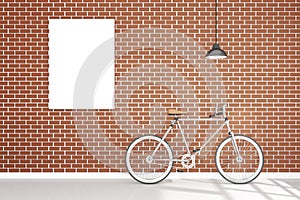 3D rendering : illustration of retro vintage bicycle and vintage metal lamp hanging on the roof against of the red brick wall