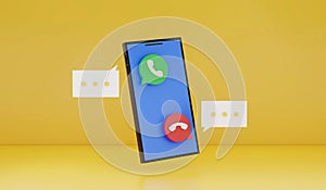 3D Rendering : Illustration of smartphone with call-in and call-out  icon. yellow background. smart gadget technology concept. con