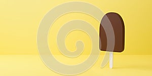 3d rendering illustration of stick dark brown chocolate ice cream on dessert yellow background abstract. Frozen food candy bar.