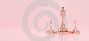 3d rendering illustration of strategy game, competition winner competition and success concept. Chess king and pawns on pastel