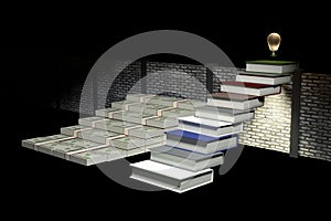 3D Rendering : illustration of success by knowledge concept.ladder to success a business or life by knowledge.Abstract dark room