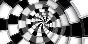 3d rendering illustration swirl background. Black and white squares and lines distorted into abstract spiral pattern. Twisted roun