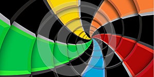 3d rendering illustration swirl background. Rainbow colors and black squares and lines distorted into abstract spiral pattern. Twi