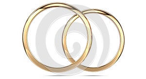 3d rendering illustration of two wedding rings isolated on white background. Top view of a pair of gold rings