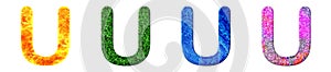 3d rendering illustration of u letters composed of fire, grass, water, glitter on a white background