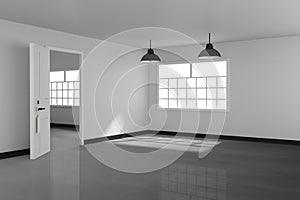 3D rendering : illustration of White interior empty living room design with two vintage lamp hanging.shiny gray floor.sun light