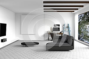 3D Rendering : illustration of white Living room interior design with dark sofa.blank picture frames.shelves and white walls.