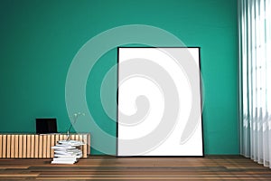 3d rendering : illustration of white mock up frame. hipster background. mock up white poster or picture frame. living room