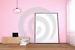 3d rendering : illustration of white mock up frame. hipster background. mock up white poster or picture frame. living room