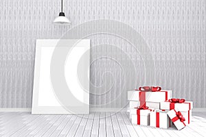 3D rendering : illustration of white picture frame in empty room.wooden wall and floor.space for your text and picture.