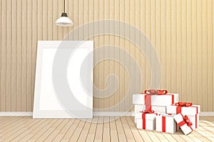 3D rendering : illustration of white picture frame in empty room.wooden wall and floor.space for your text and picture.light