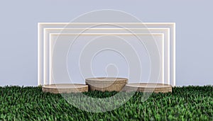 A 3d rendering image of product display on green grass