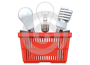 3d rendering of incandescent, fluorescent and LED bulbs, in red plastic shopping basket, isolated on white background