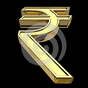 3D rendering of Indian rupee currency symbol, gold isolated on black background