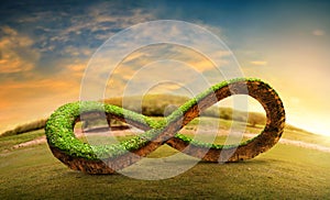 3D rendering of infinity environment concept. infinite earth land with green grass. Earth land with green grass on small green