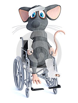 3D rendering of an injured cartoon mouse in wheelchair