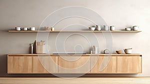 3D rendering interior of a built-in wooden shelving on wooden wall in a dining room.