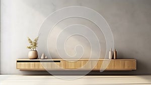 3D rendering interior of a built-in wooden shelving on a wooden wall in a living room.