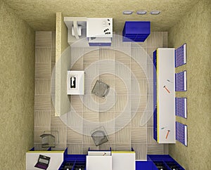 3D rendering of the interior design of a workshop for repairing shoes, clothes and making keys. 3d illustration concept