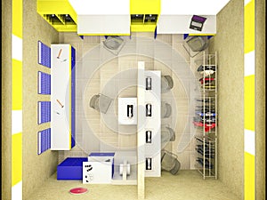 3D rendering of the interior design of a workshop for repairing shoes, clothes and making keys. 3d illustration concept