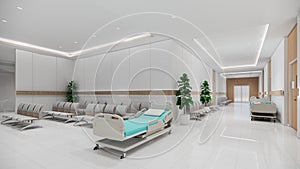 3d rendering .Interior hospital modern design . Counter and Waiting area  Empty Reception  corridior .Medical practice concept