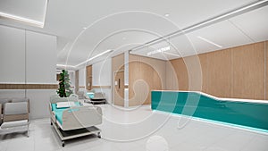 3d rendering .Interior hospital modern design . Counter and Waiting area  Empty Reception  corridior .Medical practice concept