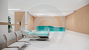 3d rendering .Interior hospital modern design . Counter and Waiting area  Empty Reception  corridior .Medical practice concept