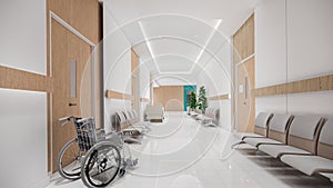 3d rendering .Interior hospital modern design . Counter and Waiting area  Empty Reception  corridior .Medical practice concept