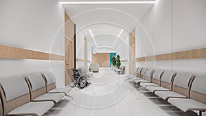 3d rendering .Interior hospital modern design . Counter and Waiting area  Empty Reception  corridior .Medical practice concept