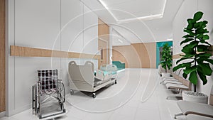 3d rendering .Interior hospital modern design . Counter and Waiting area  Empty Reception  corridior .Medical practice concept