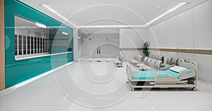 3d rendering .Interior hospital modern design . Counter and Waiting area  Empty Reception  corridior .Medical practice concept