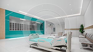 3d rendering .Interior hospital modern design . Counter and Waiting area  Empty Reception  corridior .Medical practice concept