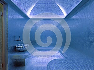 3D rendering Interior of luxury blue mosaic turkish bath hammam