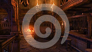 3D rendering of the interior of a medieval tavern bar lit by candlelight and burning fire