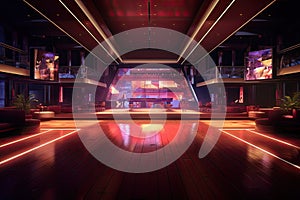 3D rendering of the interior of a night club with neon lights, empty nightclub, with dim lighting casting a soft warm glow, AI