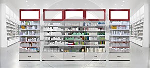 3D rendering interior of pharmacy store. Drugs, pills, Skincare and Cosmetic products on shelf