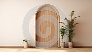 3D rendering interior of the wooden arch door wall background in a living room.