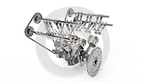 3d rendering of an internal combustion engine. Engine parts, crankshaft, pistons, fuel supply system. V6 engine pistons