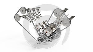3d rendering of an internal combustion engine. Engine parts, crankshaft, pistons, fuel supply system. V6 engine pistons