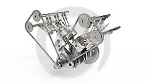 3d rendering of an internal combustion engine. Engine parts pistons, camshaft, chain, valves and other mechanical parts