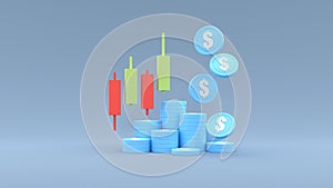 3d rendering invester concept stock market with candle sticks chart, bar graph and coins on blue background