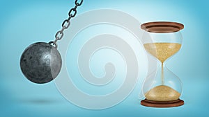 3d rendering of a iron wrecking ball swings on a chain ready to hit a large half-full hourglass on blue background.