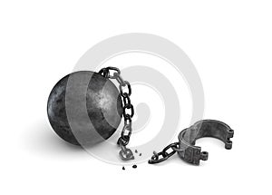 3d rendering of an isolated ball and chain lying broken near a leg shackle.