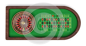 3d rendering of an isolated rounded roulette table covered with green felt and black and red grid.