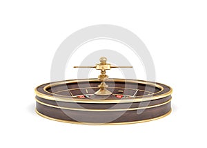 3d rendering of an isolated wooden casino roulette with golden decorations on white background.