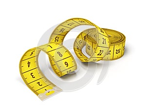 3d rendering of an isolated yellow tape measure half-rolled out with a metal clip on its end.