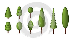 3d rendering isometric trees, green forest, isolated trees different types