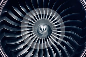 3D Rendering jet engine, close-up view jet engine blades. Blue tint.