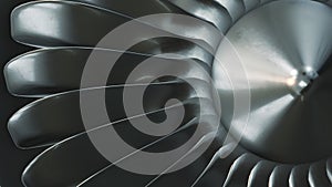 3D Rendering jet engine, close-up view jet engine blades. Closeup shot of spinning jet engine front fan.