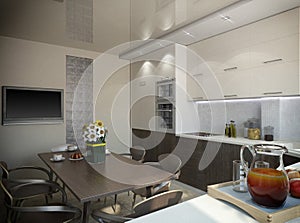 3d rendering of a kitchen in beige tones